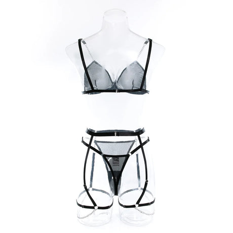 New Sexy Ultra-thin Mesh Bralette And Thongs See-through Metal Chain Decoration 4 Pcs Sexy Lingerie Set Female Underwear