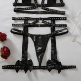 Women's Faux Leather Harness Underwear Lingerie Set Bow Decor Rhinestone Trim Halter Bra Garter Belt Panty 3‑Pcs Intimate Outfit