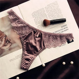 Hollow Lace Sexy Glossy Satin Silk Smooth Thong Women Sexy Low Waist G-string Underwear Bow Seamless Lingerie