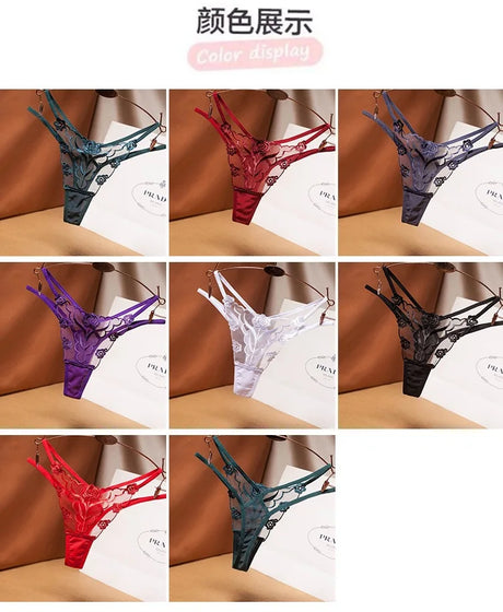 Women French Embroidery Panties, Low Waist Sheer Straps Seamless Breathable Plus Size Triangular Underwear