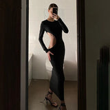 2025 Women's Solid Color Long Sleeve O-Neck Sexy Hollow Out Long Dresses Club Party Dress Sexy Vestidos Plus Size XXXS-3XL XXL