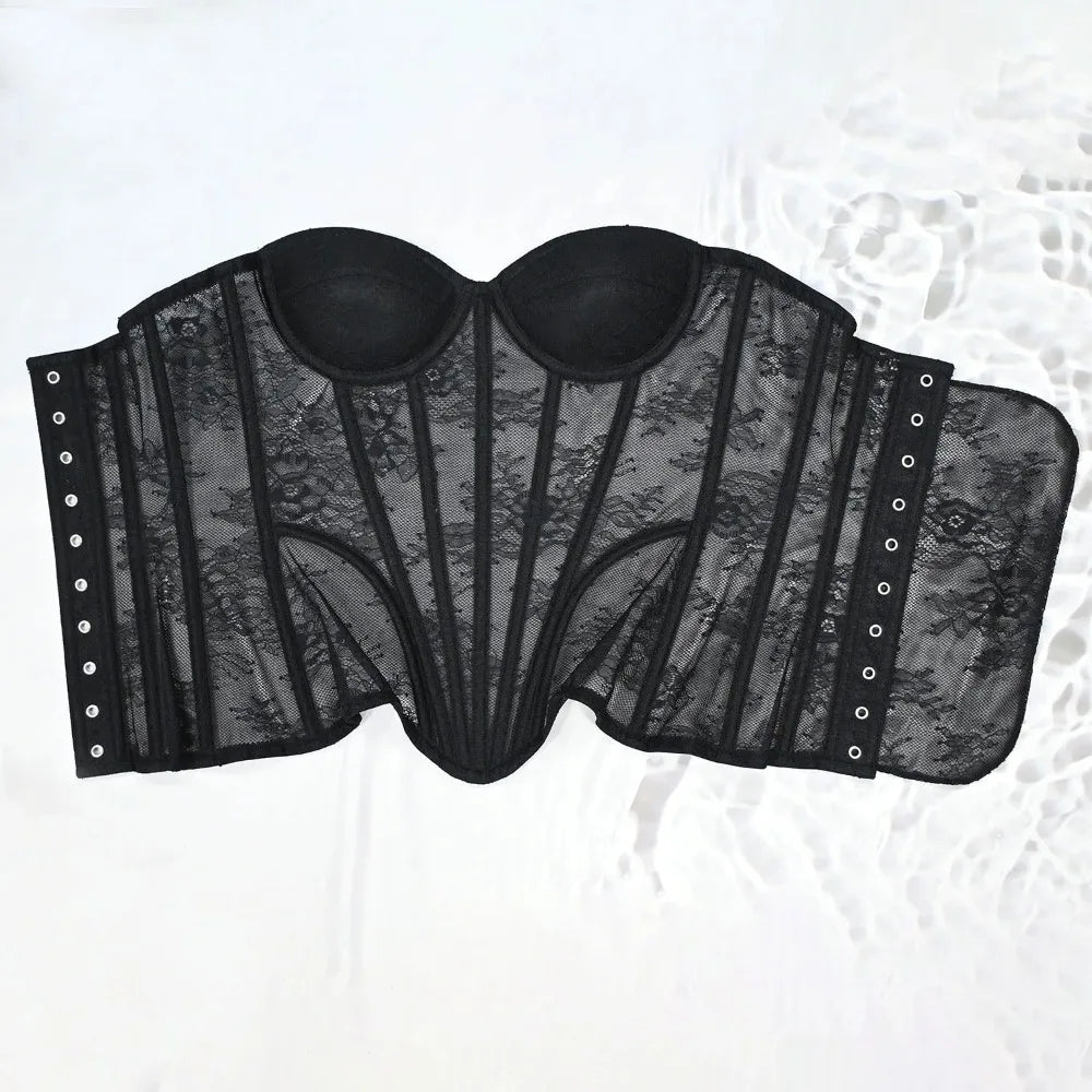 Women Mesh Corset Busiter Overbust Cups Push Breast Floral Lace Bodice Sext Tansparent Strapless Crop Tops Lace Up Steel Boned