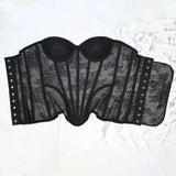 Women Mesh Corset Busiter Overbust Cups Push Breast Floral Lace Bodice Sext Tansparent Strapless Crop Tops Lace Up Steel Boned
