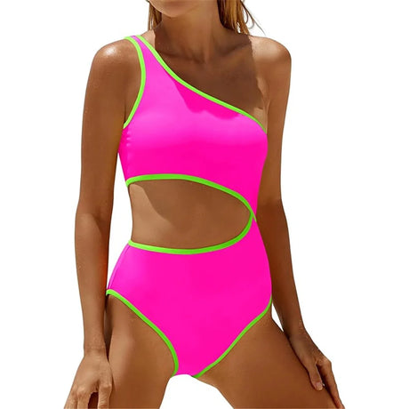 Vzvn 2026 New Women Swimwear Female Padded Bather Bathing Suit Swim Colors Cut Out One Shoulder Splicing One Piece Swimsuit