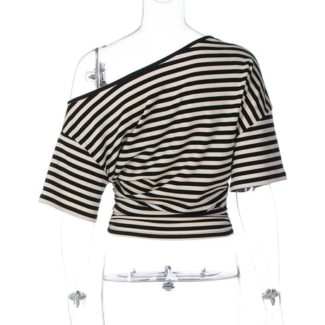 2026 New Autumn Women Vintage Striped Off Shoulder T-shirt Waist Cinching Slim Fit Daily Wear Ladies Tops