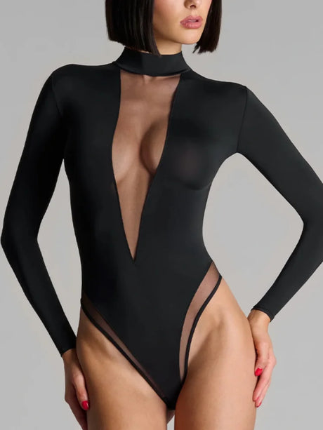 European and American sexy spicy girl lace solid color long sleeved bodysuit spring and autumn women's sexy slim fit tops