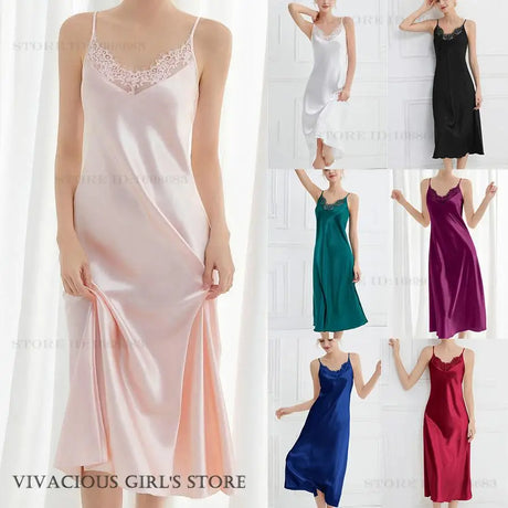 Sexy Women Long Nightgown Intimate Lingerie Patchwork Lace Suspender Nightdress Chemise Sleepwear Loungewear Silk Satin Homewear