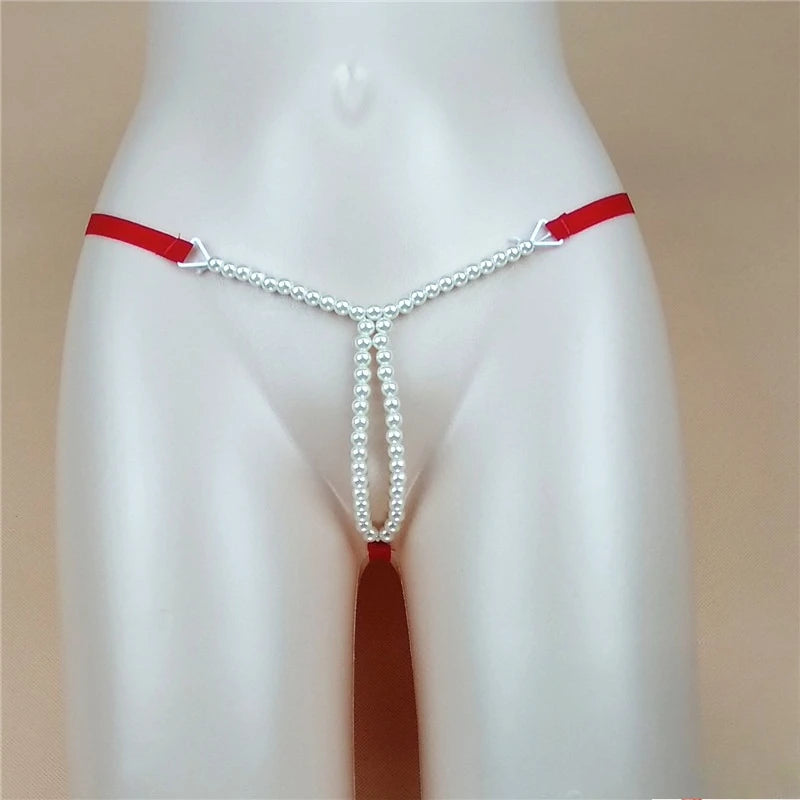 Sexy Massage Pearls Thong Women Panties Open Crotch G-string Erotic Lingerie Woman High Stretch Plus Size T Back Sex Accessories