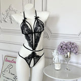 Pajamas Clothing Sexy Women's Open Deep V Lingerie Sets Lace Sheer Bodysuits Sex Crotchless Hollowed Out Babydoll Dresses Tights