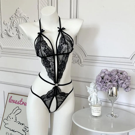 Pajamas Clothing Sexy Women's Open Deep V Lingerie Sets Lace Sheer Bodysuits Sex Crotchless Hollowed Out Babydoll Dresses Tights