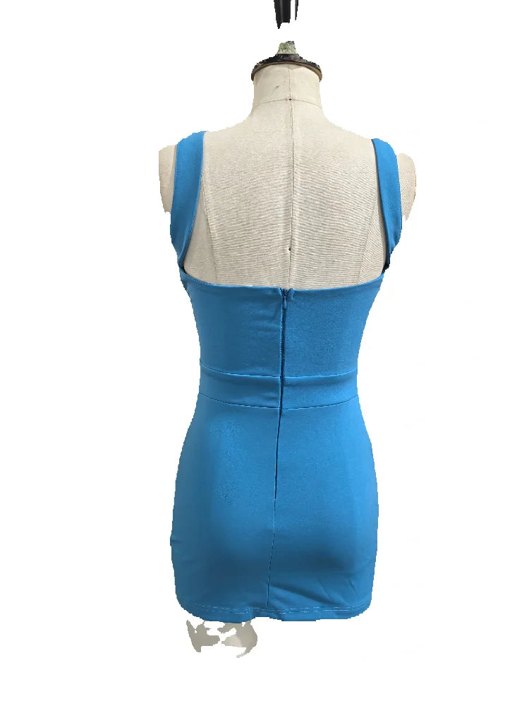 Elegant Ribbed Knit Halter Dress Lady Sexy Blue Vertical Stripe Slim Fit Cutout Sleeveless Mini Skirt Street Y2k Club Party Wear