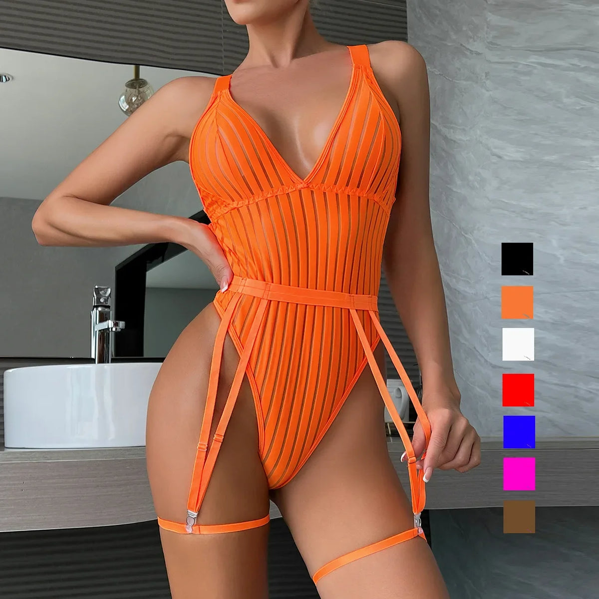 Sexy Lingerie Strip See Through Bodysuit Deep-V Halter Erotic Costumes Backless Jumpsuit Suspenders Underwear Women Garter 2024