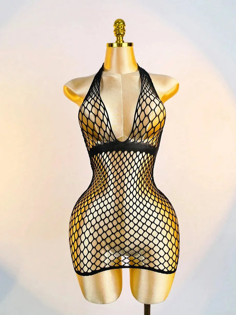 Women's Sexy Pink Mesh Underwear High Elasticity Fishnet Hollow Out Three Piece Open Crotch Babydoll Set Exotic Lingerie