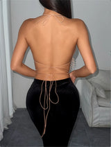 Dazzling Rhinestone Mesh Camisole Sexy Backless Halter Neck Bandage V Neck Hollow Fishnet Tank Top Women Party Club Crop Tops