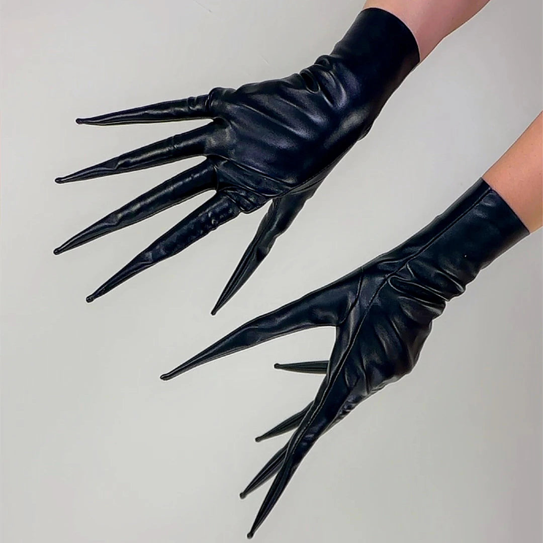 POINTED FINGER GLOVES 85cm 33" Long Spike Shoulders Patent Faux Leather PU Arm Warmers Shine Black LLDLLNT