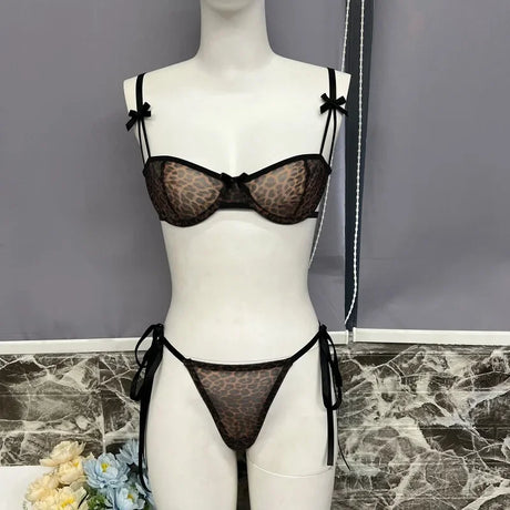 Two Piece Sexy Leopard Women's Lingerie Sets French Ultra Thin See Through Underwire Bra and Panty Erotic Lace Up Bow Underwear