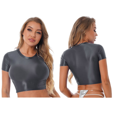 Womens Glossy Two-piece Outfit Oil Shiny Smooth High Waist Mini Skirt with Tank Top Nightclub Rave Outfit Pole Dancing Clubwear
