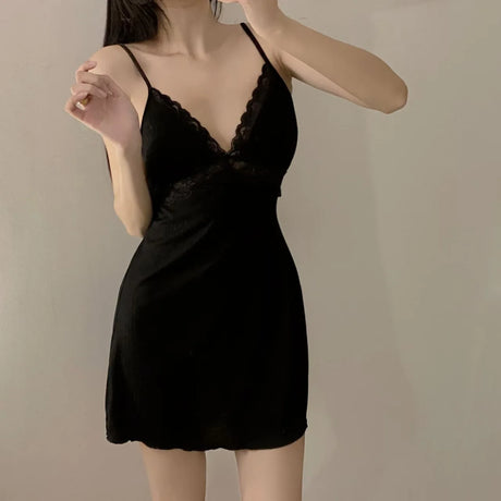 Womens Ribbed Knit Cami Dress Lace Trim V Neck Spaghetti Strap Mini Slip Nightgown Loungewear Casual Y2K Summer Sleep Dress Soft