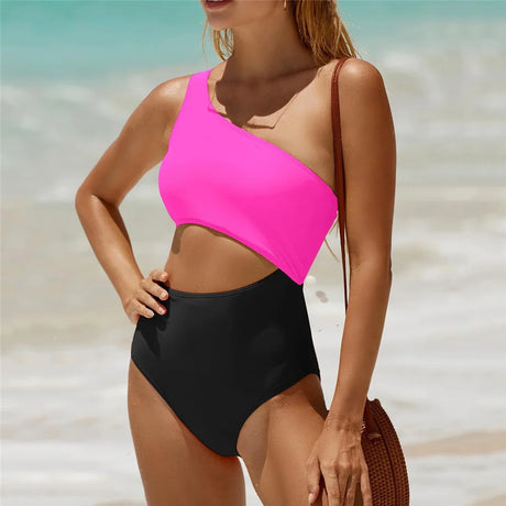 Vzvn 2026 New Women Swimwear Female Padded Bather Bathing Suit Swim Colors Cut Out One Shoulder Splicing One Piece Swimsuit