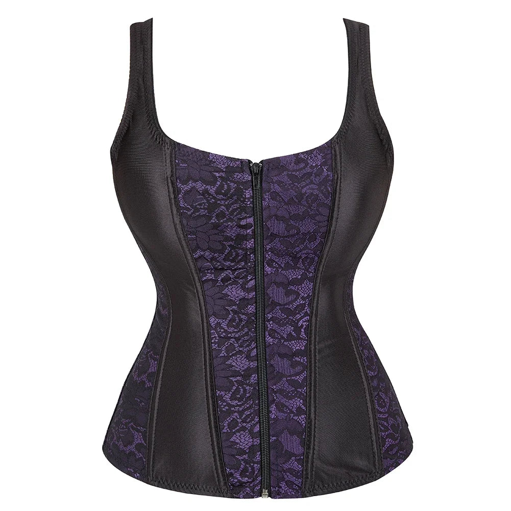 Gothic Corset Top With Straps Sexy Floral Zipper Brocade Overbust Lingerie Burlesque Body Shaper Lace Up Bustier Plus Size