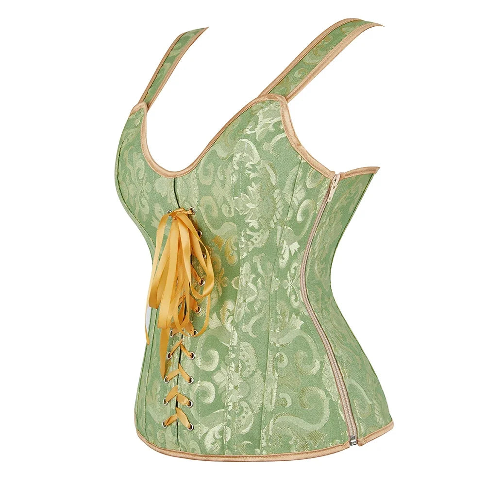 Gothic Corset Top With Straps Sexy Floral Zipper Brocade Overbust Lingerie Burlesque Body Shaper Lace Up Bustier Plus Size