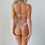 Women's Lingerie Bodysuit Rhinestone Mesh Feather Trim Sheer Teddy With Gloves Set  Sleepwear Nightwear Party Clubwear Outfit