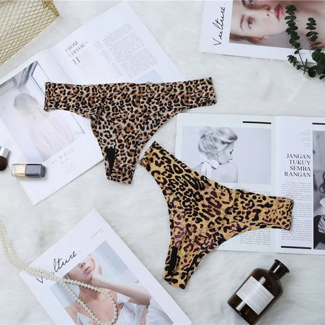 Women Thong Leopard Printed Pattern Low Waist High Stretch Soft Breathable Super Comfortable Ladies Lingerie Plus Size