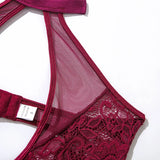 Sexy Zipper Front Lace Bodysuit High Cut Mesh Teddy Lingerie Women Halter Neck See Through Body Stocking Erotic Costume Purple
