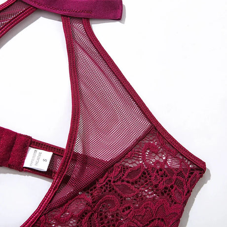 Sexy Zipper Front Lace Bodysuit High Cut Mesh Teddy Lingerie Women Halter Neck See Through Body Stocking Erotic Costume Purple