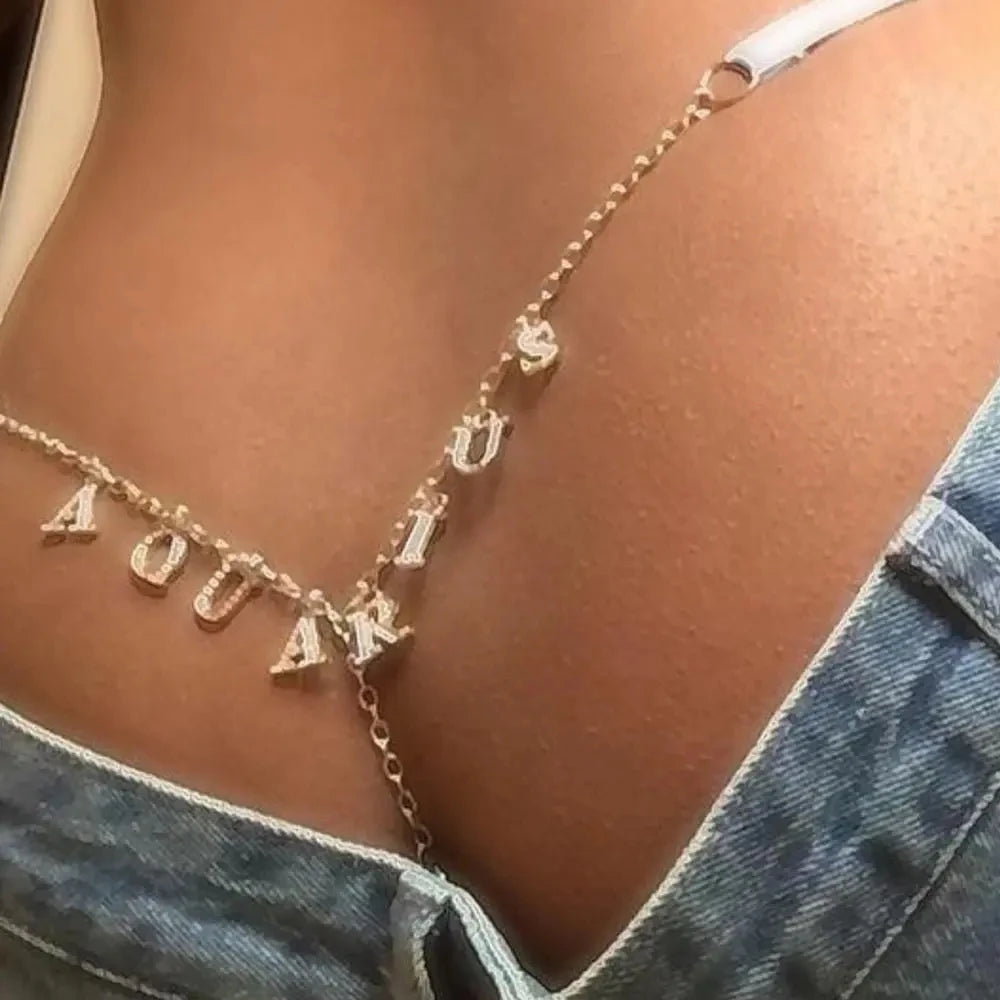 Sexy Women Custom Thong with Letter Metal 12 Constellations Body Waist Chain Jewelry Panties Girl Personalize Underwear Gift