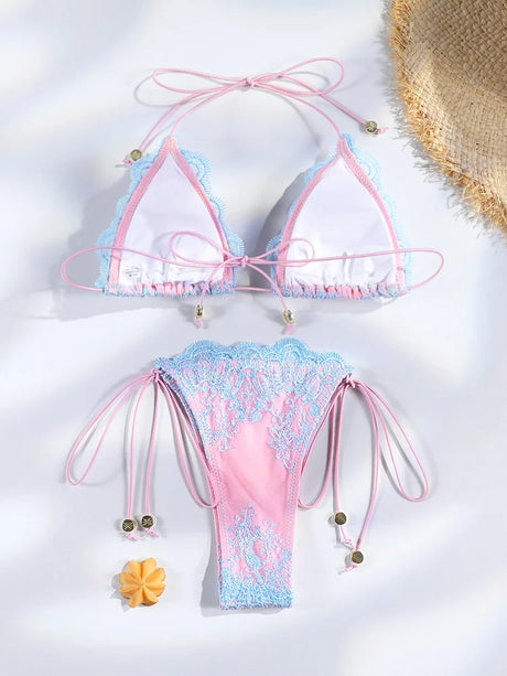 Triangle Swimsuit Pink And Blue Bikini Lace Design Bikinis High Cut Swimwear Halter Swimsuits Two-Piece Bathing Suit Sets