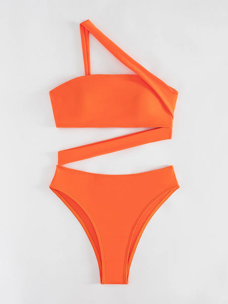 Cikini-One-Piece Swimsuit for Women, Strapless Straps, Slanted Shoulder, Beach Swimwear, Bathing Suit, Monochromatic, Summer