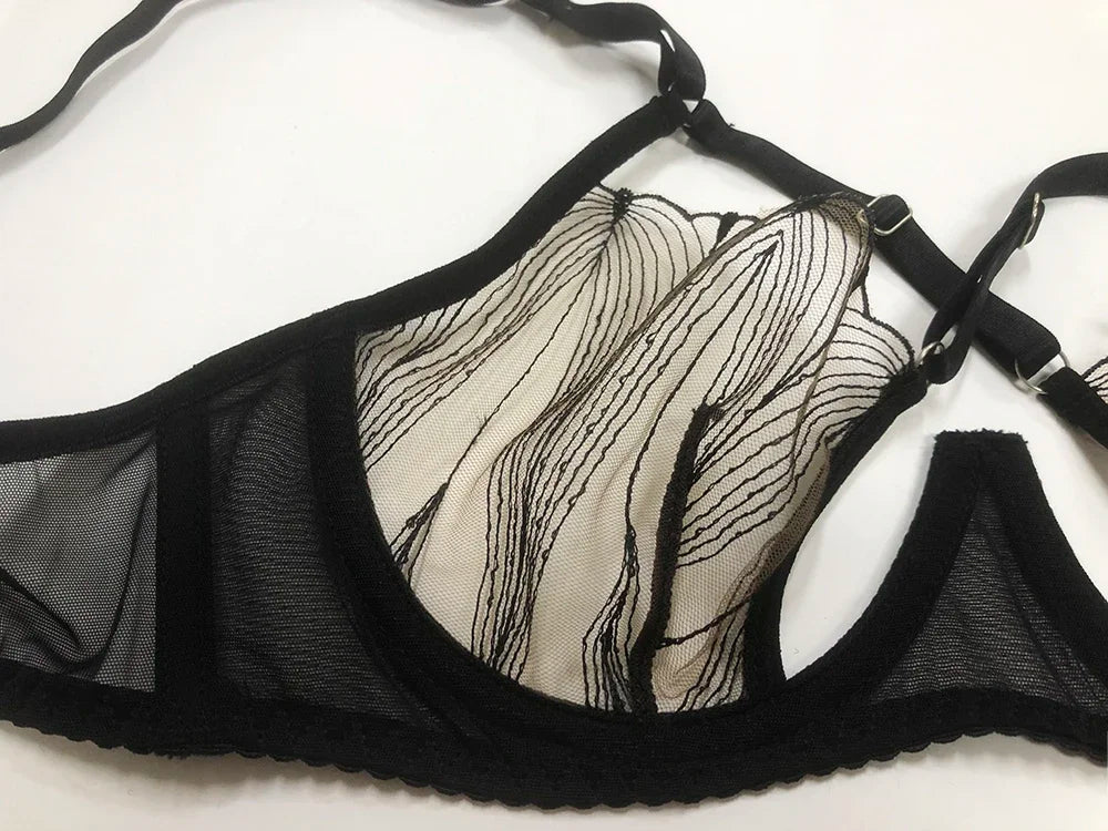 Women Sexy See Through Lace Bra Set Elegant Perspective Bikini Thong Set French Style Erotic Push Up Underwear Bra Panty Sets