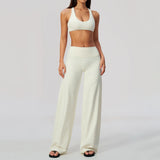 Women's 2/3Pcs Yoga Set Zip Jacket Sports Bra Cross Back Wide Leg Flare Pants Push Up Gym Set Workout Running Fitness Activewear