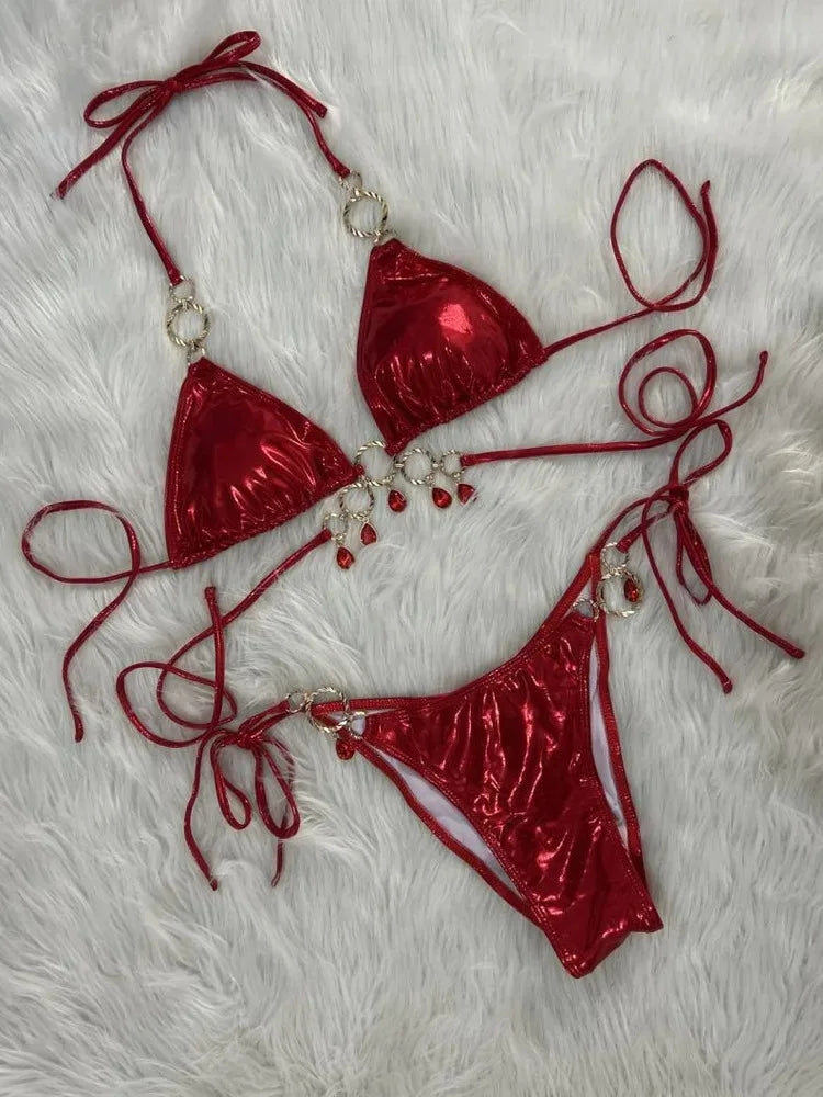 New 2026 Luxury Rhinestones String Bikinis Set Women Summer Beach 2 Piece Swimsuit Female Triangle Swinwears