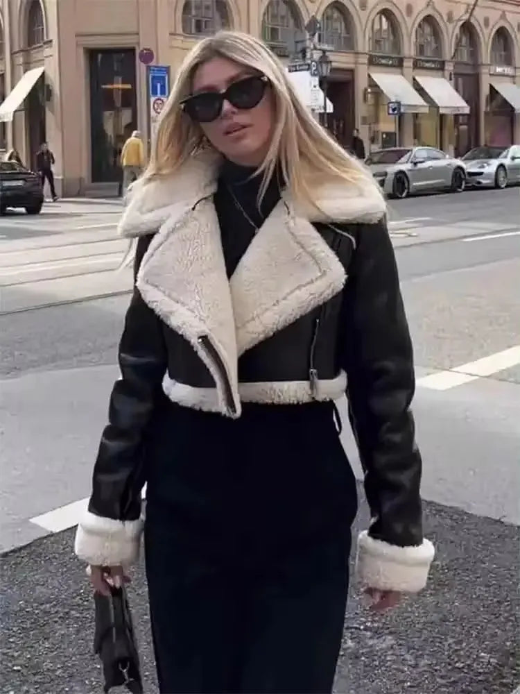 HH Women Faux Leather Thicken Short Jacket Vintage Front Zipper Lapel Long Sleeve Coat Winter Women Warm Casual Outerwear