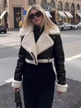 HH Women Faux Leather Thicken Short Jacket Vintage Front Zipper Lapel Long Sleeve Coat Winter Women Warm Casual Outerwear