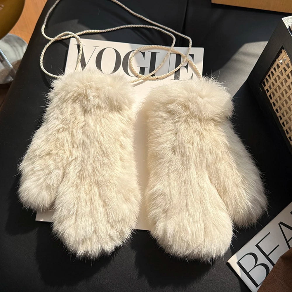 Hot Sale Women's 100% Natural Rabbit Fur Winter Gloves Warm Knit Thick Thermal Mittens Soft Real Fur Outdoor Cold Weather Glove