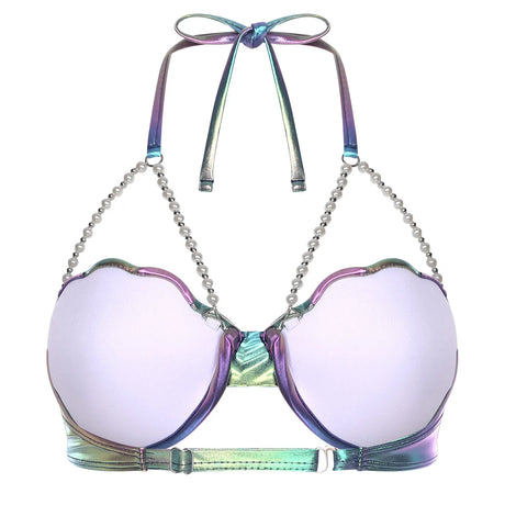 Women Shiny Bikini Bra Top Halter Neck Sheel Mermaid Swimwear Bead Chains Padded Bra Swim Tops Hawaii Beach Party Bathing Suit