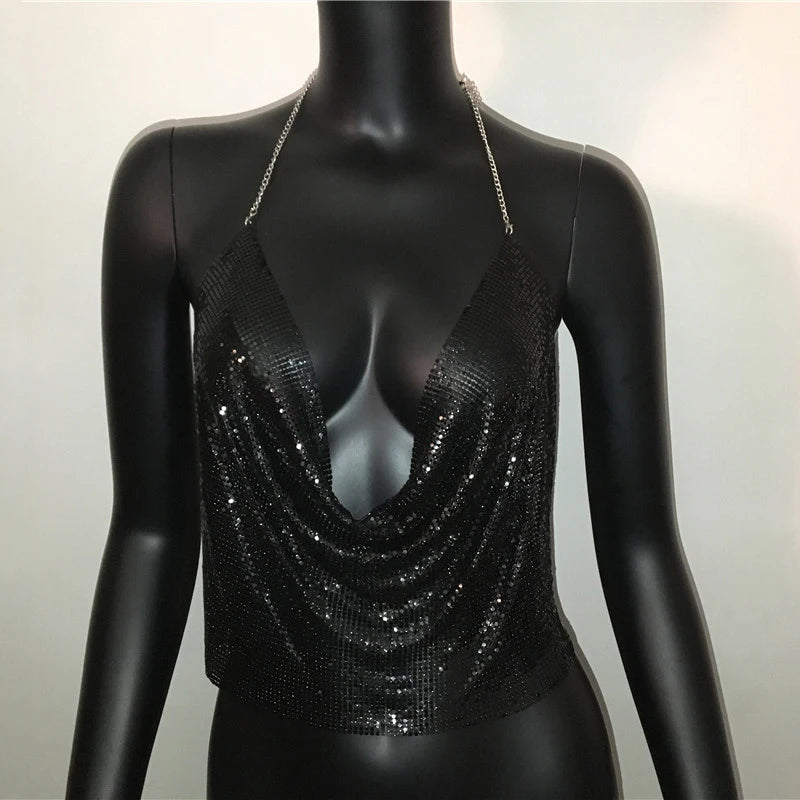 Sexy Metal Sequins Tank Top For Women 2025 Summer V Neck Backless Crop Tops Luxury Solid Short Party Nightclub Tank Tops