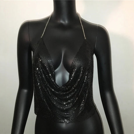 Sexy Metal Sequins Tank Top For Women 2025 Summer V Neck Backless Crop Tops Luxury Solid Short Party Nightclub Tank Tops