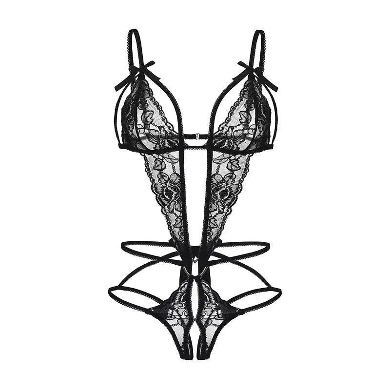 Pajamas Clothing Sexy Women's Open Deep V Lingerie Sets Lace Sheer Bodysuits Sex Crotchless Hollowed Out Babydoll Dresses Tights