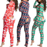 Sexy Pyjama Women's Long Sleeves Homewear Suit Button-Down Front Back Butt Bum Open Ass Flap Jumpsuit Loungewear Christmas Print