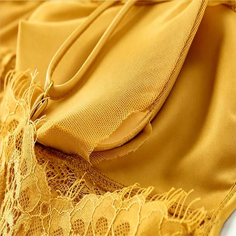 Women's Satin Lace Slip Nightdress V-Neck Spaghetti Strap Backless Chemise Sleepwear ElegantLingerie Dress for Bedroom Nightwear