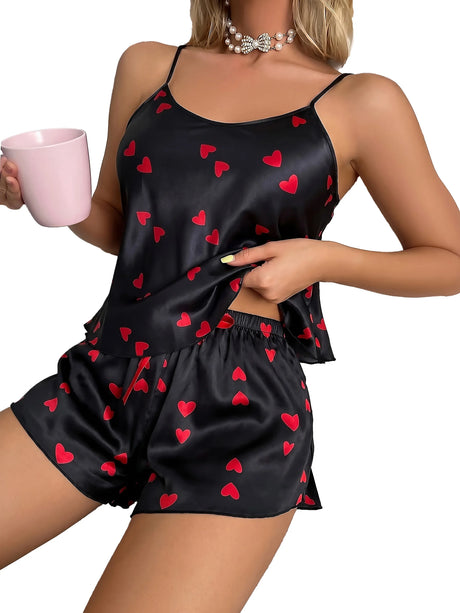 Romantic Heart Print Women 2 Piece Pajama Set Round Neck Top Elastic Waist Shorts Sweet Ladies Loungewear Nightwear
