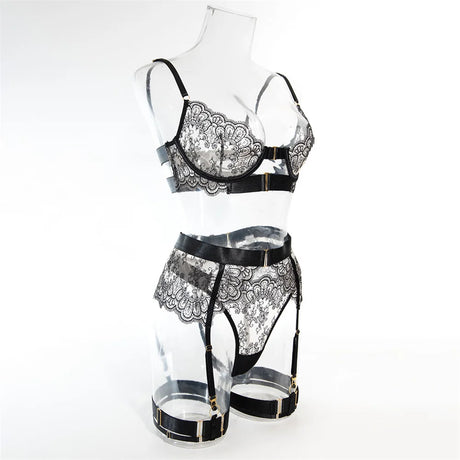Krasapt Luxury Black Flower Embroidery Lingerie 4 Pcs Sets Fancy Mesh Transparent Metal Buckle Bra And Thong Garter Erotic Set