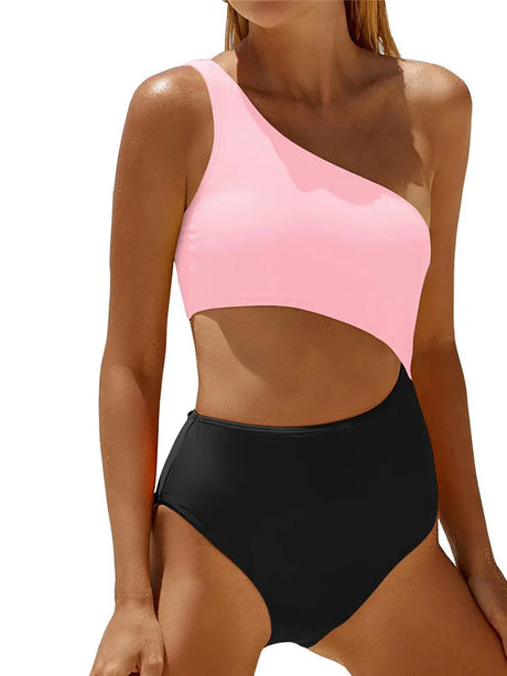 Vzvn 2026 New Women Swimwear Female Padded Bather Bathing Suit Swim Colors Cut Out One Shoulder Splicing One Piece Swimsuit