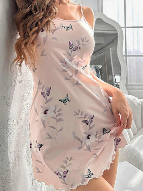 Summer Women Satin Sleepdress Cute Teddy Bear Butterfly Heart Floral Pinting Sleepwear Ladies Sexy Sling Ruffled Hem Loungewear