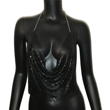 Sexy Metal Sequins Tank Top For Women 2025 Summer V Neck Backless Crop Tops Luxury Solid Short Party Nightclub Tank Tops