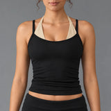 Women Color Block Sleeveless Tank Top Quick Dry Fake Two Piece Sports Bra Running Gym Pilates Yoga Workout Top